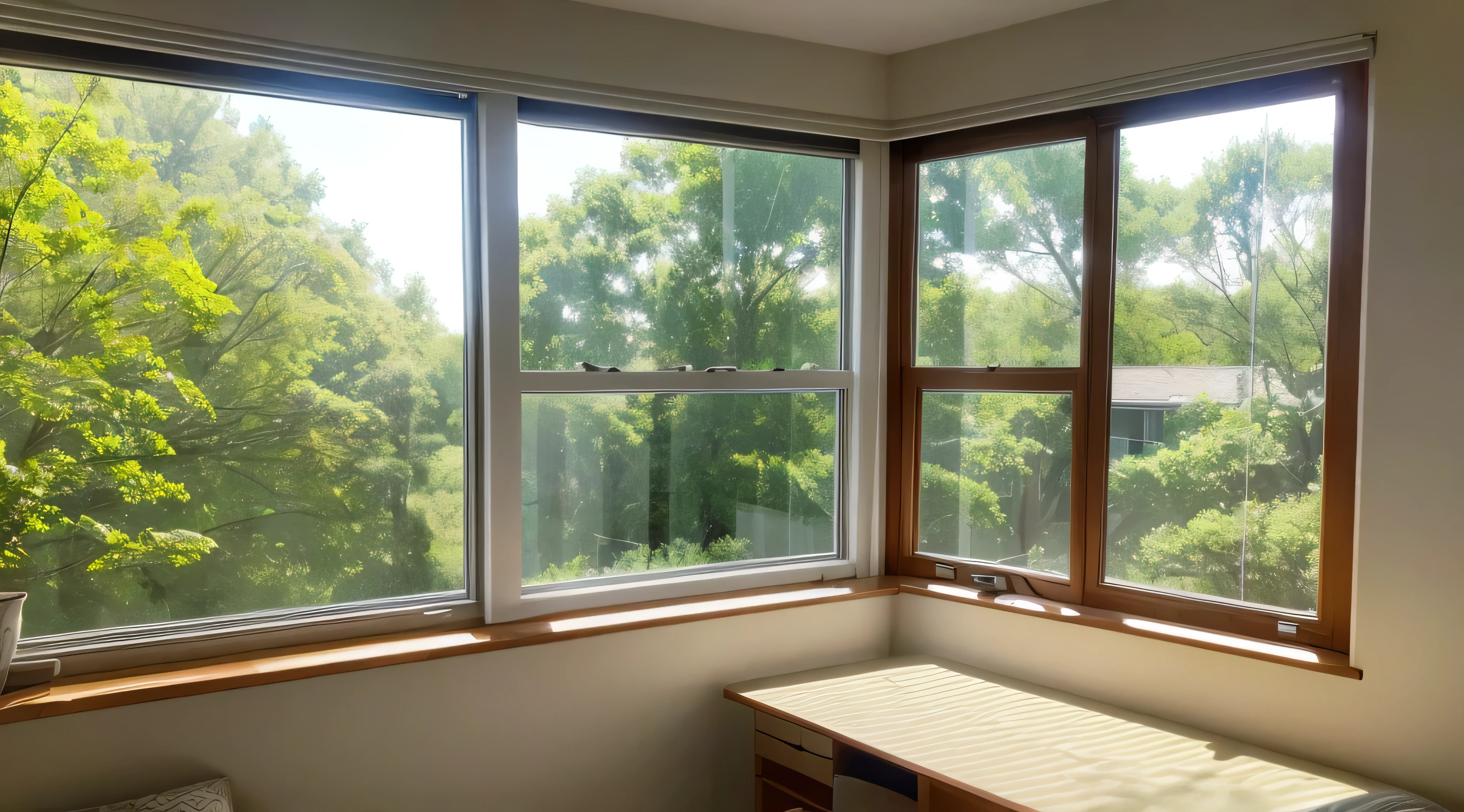 Daytime, room, windowsill, desk, slumber, twilight, white light, green trees, view of building, gentle breeze from outside