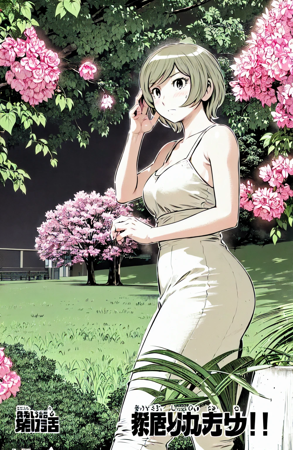 、(masterpiece、Highest quality)、Highest quality, Ultra-high resolution, (((masterpiece))), alone, Sweat、Big eyes, Please show me your armpits, No sleeve、Outdoor、Floral dress、Cleavage、Composition from the front、(Cut the back hair short、short hair、blonde、woman)、(Manga Style:1.1)、Shortcuts、Embarrassed face、Cut your hair short、可愛いwomanの子、Big Breasts