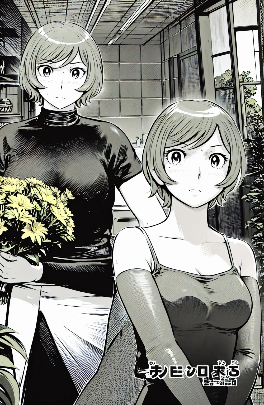 、(masterpiece、Highest quality)、Highest quality, Ultra-high resolution, (((masterpiece))), alone, Sweat、Big eyes, Please show me your armpits, No sleeve、Outdoor、Floral dress、Cleavage、Composition from the front、(Cut the back hair short、short hair、blonde、woman)、(Manga Style:1.1)、Shortcuts、Embarrassed face、Cut your hair short、可愛いwomanの子、Big Breasts