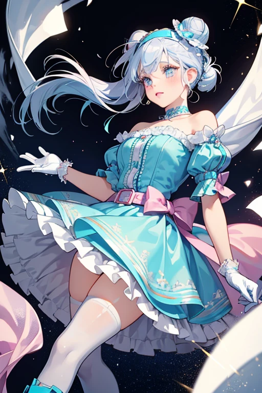 Curious Q.T. has fair skin and soft pink blushed cheeks to match her lipstick. Her eyes are baby blue, and she has platinum hair worn in braided buns with her bangs left loose and brushed to the side. She wears a black headband with a large bow on it. her hair gains a metallic shine and her bow is styled differently and coated in glitter like her eyes. She wears a glittery ruffled light blue dress with a white ruffled layer beneath it to accent the flap-style cuff and shoulder straps. A brown belt is worn beneath the chest. Her tights gain a metallic shine and she wears frilly socks with shiny, pale blue and black short boots. She also wears white gloves. SPARKLE; GLITTER