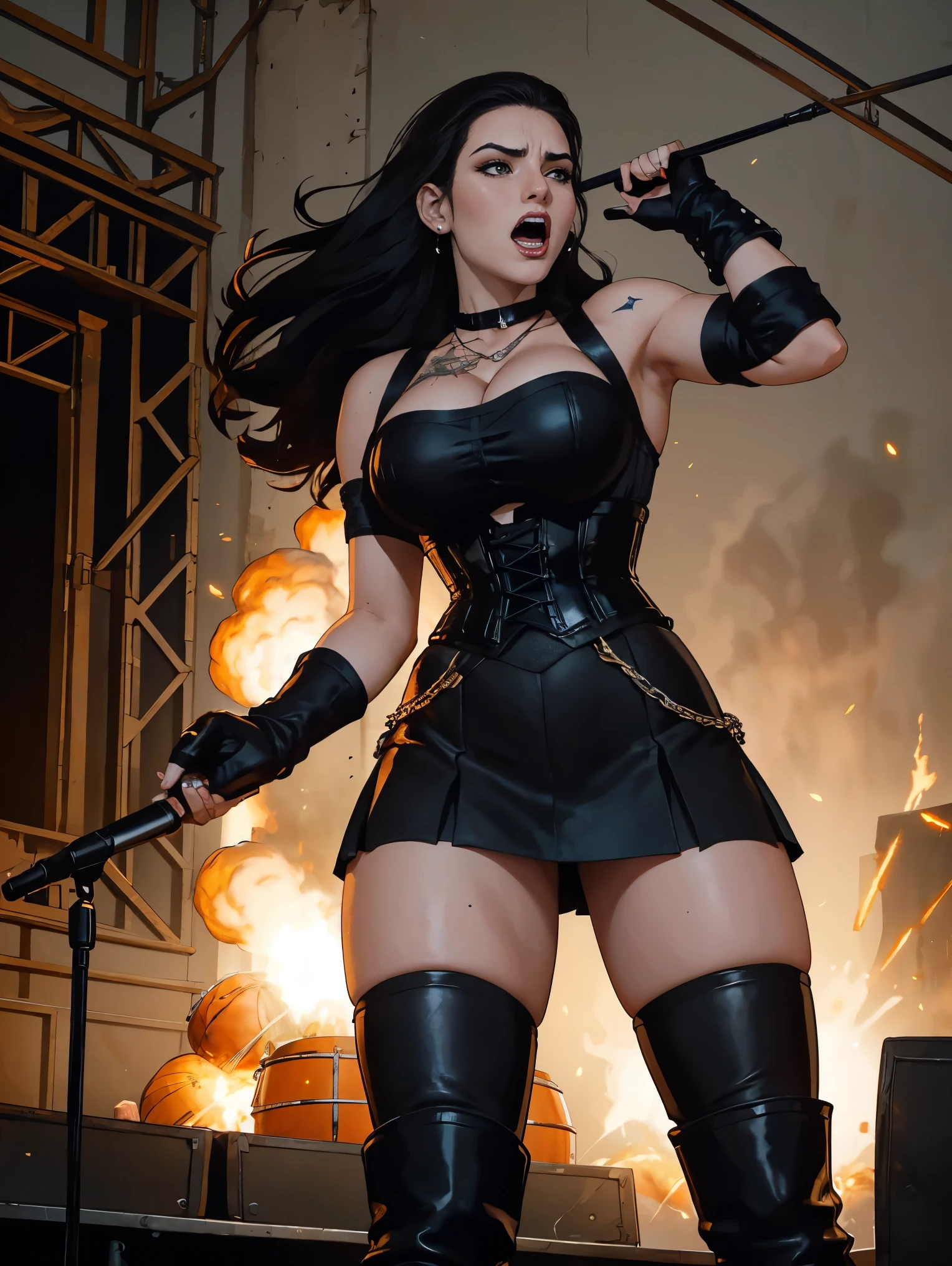 Extremely busty thin and toned brunette death metal singer, college girl, fair skin, big hair, hair pulled back, soft face, athletic, heavy makeup, piercings, black leather, studs, corset, boots, fingerless gloves, tight skirt, chains. standing on a stage, pyrotechnics, holding a microphone, metal concert. (microphone, fist in the sky), angry, rage, screaming. Heavy metal. Death metal. Explosions, fire.