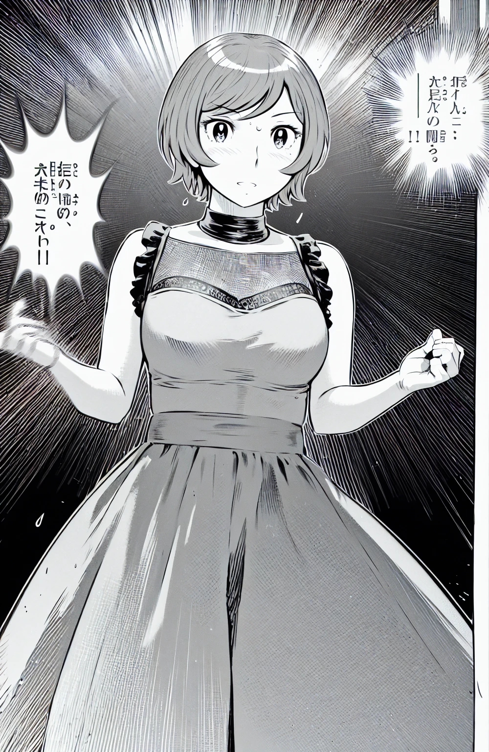 、(masterpiece、Highest quality)、Highest quality, Ultra-high resolution, (((masterpiece))), alone, Sweat、Big eyes, No sleeve、Outdoor、Floral dress、Composition from the front、(Cut the back hair short、short hair、blonde、woman)、Shortcuts、Embarrassed face、Cut your hair short、可愛いwomanの子、Big Breasts
