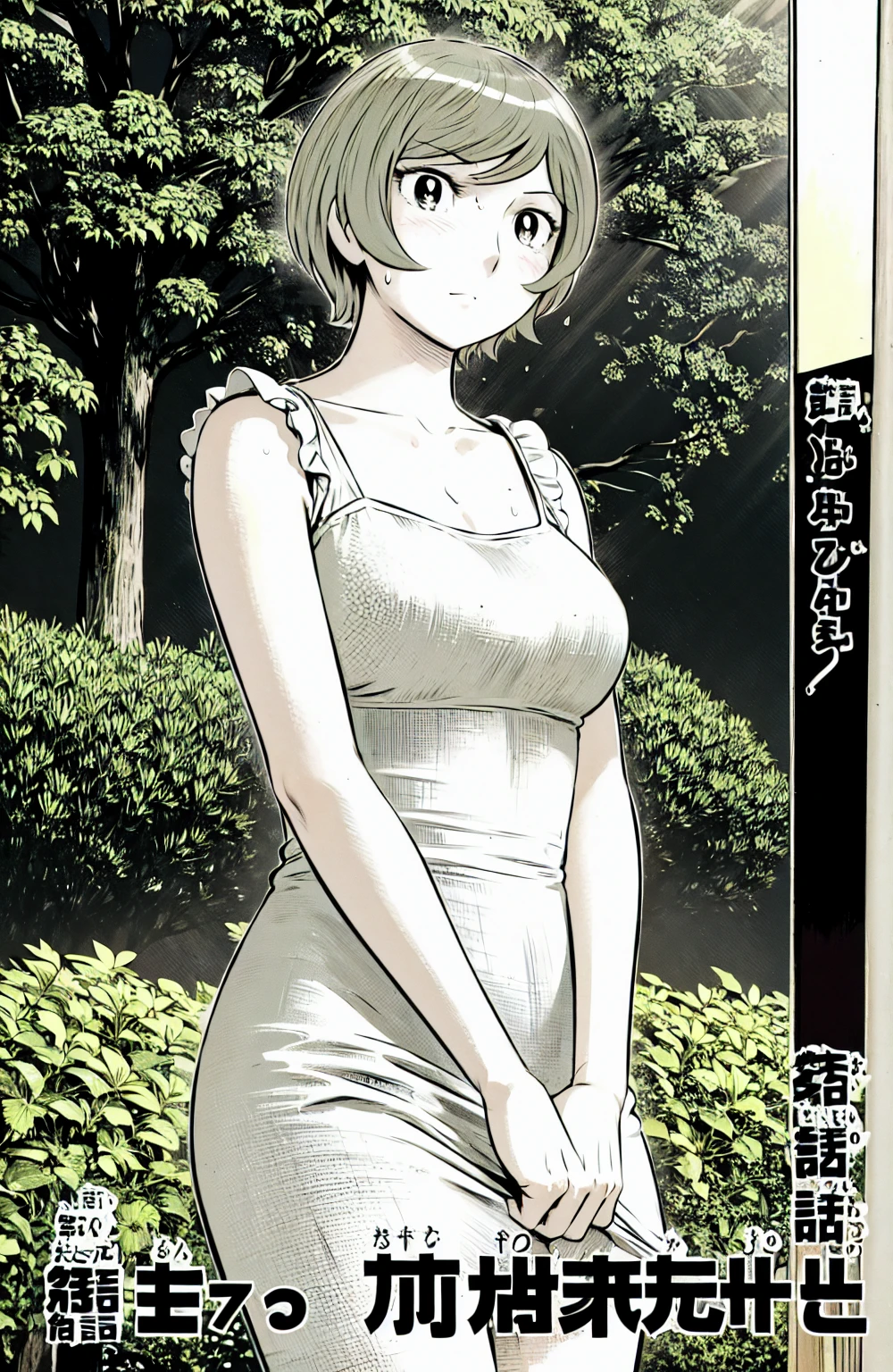 、(masterpiece、Highest quality)、Highest quality, Ultra-high resolution, (((masterpiece))), alone, Sweat、Big eyes, No sleeve、Outdoor、Floral dress、Composition from the front、(Cut the back hair short、short hair、blonde、woman)、Shortcuts、Embarrassed face、Cut your hair short、可愛いwomanの子、Big Breasts