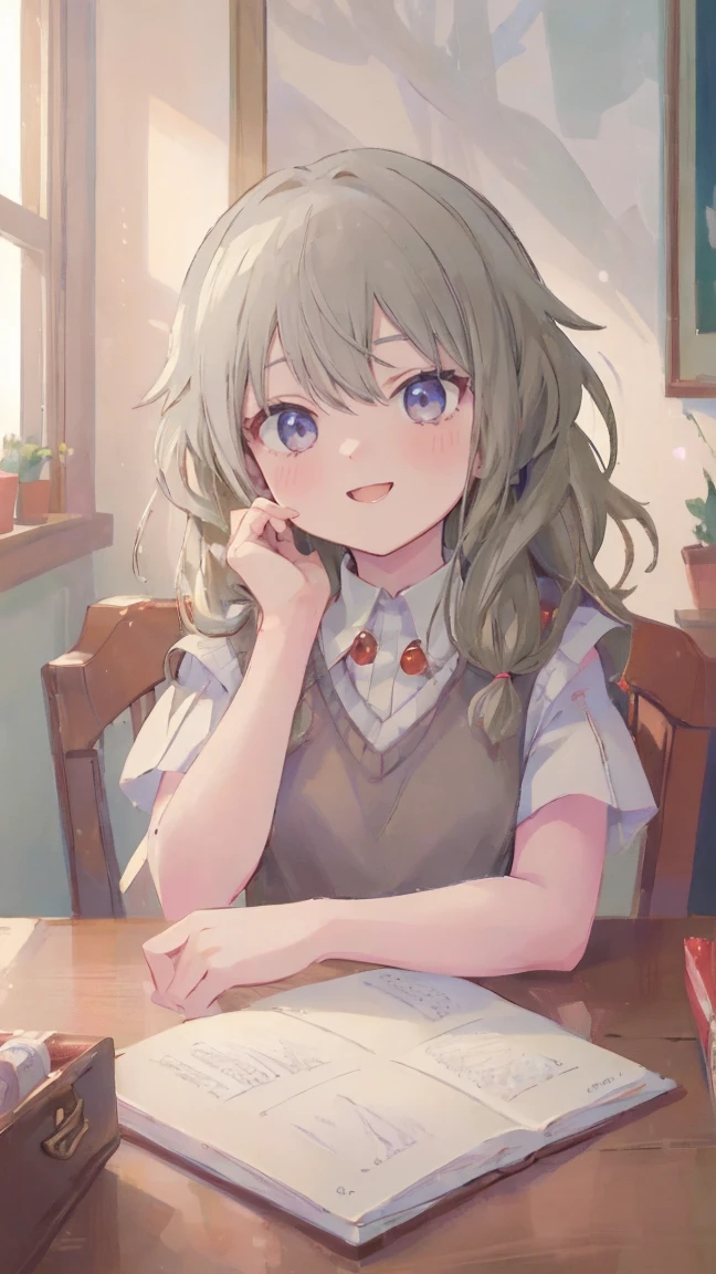 (masterpiece, Highest quality:1.6),Best image quality、Highest quality、Perfect lighting,masterpiece、Best image quality、Highest quality、Lori、Girl、、smile、Show your hand, Put your elbows on the table, Slap in the face、Chest close-up, , Sleeveless, Knitted sweater
