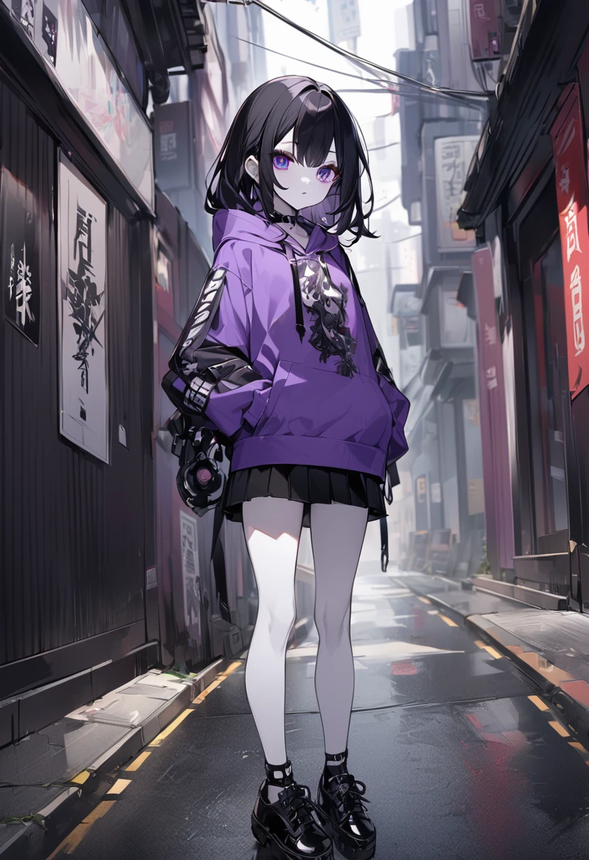 Black Hair。long。Purple Eyes。Purple hoodie。White skin。Black short skirt。Black shoes下。Black shoes。