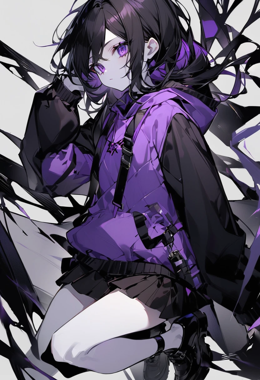 Black Hair。long。Purple Eyes。Purple hoodie。White skin。Black short skirt。Black shoes下。Black shoes。