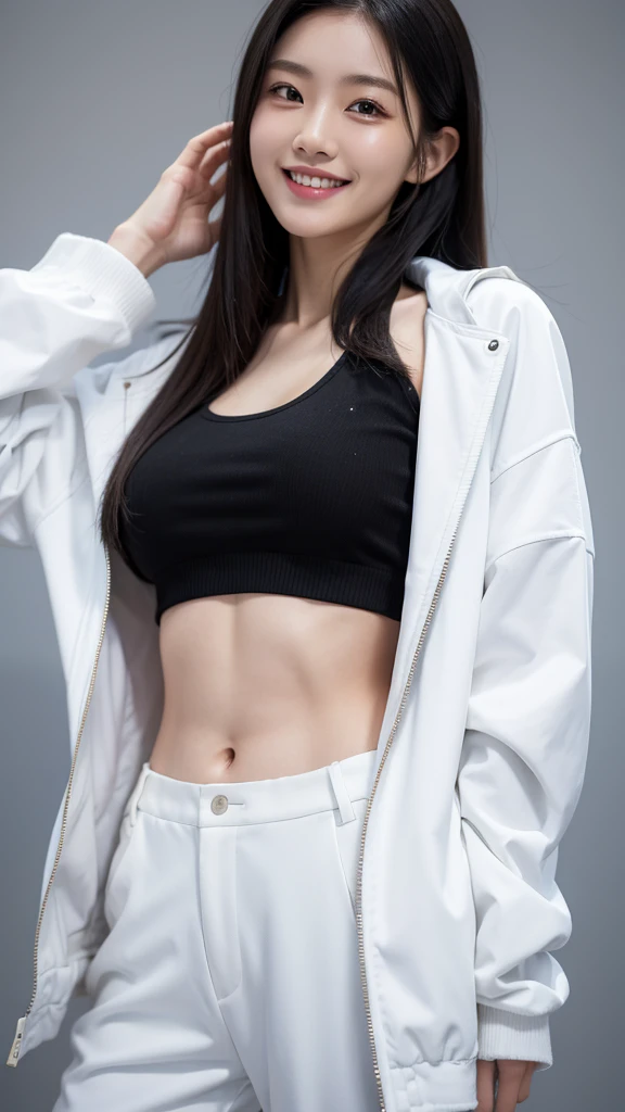 Japanese girl wearing white jacket, black crop top, black trousers, beautiful, six pack abs, realistic, 8k, model,smile beautiful, long hair