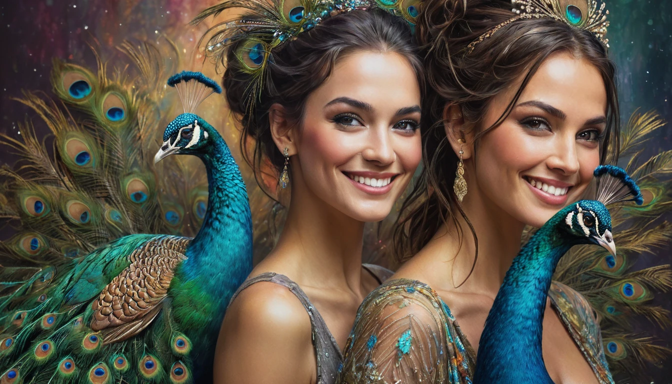 half body,
a woman smile with her best friend her Peacock,
dark complex background, style by Thomas Kinkade+David A. Hardy+Carne Griffiths+Mandy Disher half vivid colors fine art, best quality, high detailed, detailed faces, 2d,