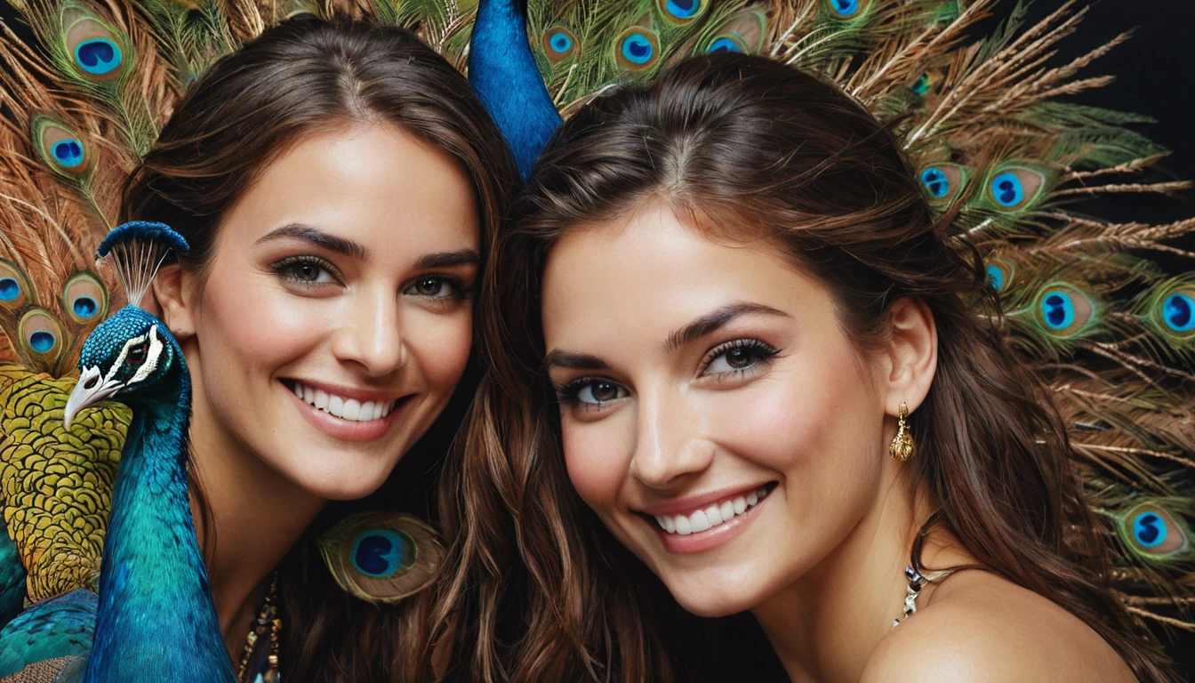 half body,
a woman smile with her best friend her Peacock,
dark complex background, style by Thomas Kinkade+David A. Hardy+Carne Griffiths+Mandy Disher half vivid colors fine art, best quality, high detailed, detailed faces, 2d,
