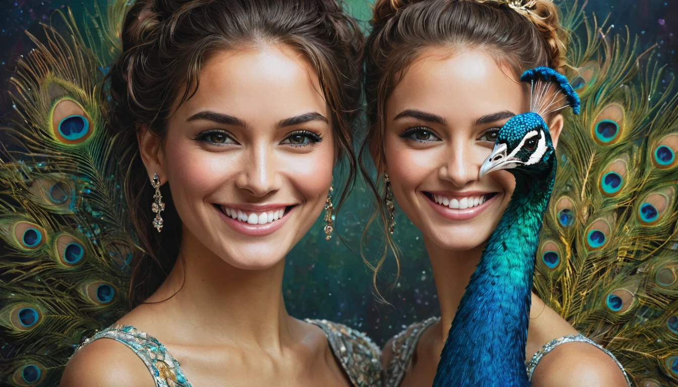 half  body,
a woman smile  with her best friend her Peacock,
dark complex background, style by Thomas Kinkade+David A. Hardy+Carne Griffiths+Mandy Disher half vivid colors fine art, best quality, high detailed, detailed faces, 2d,