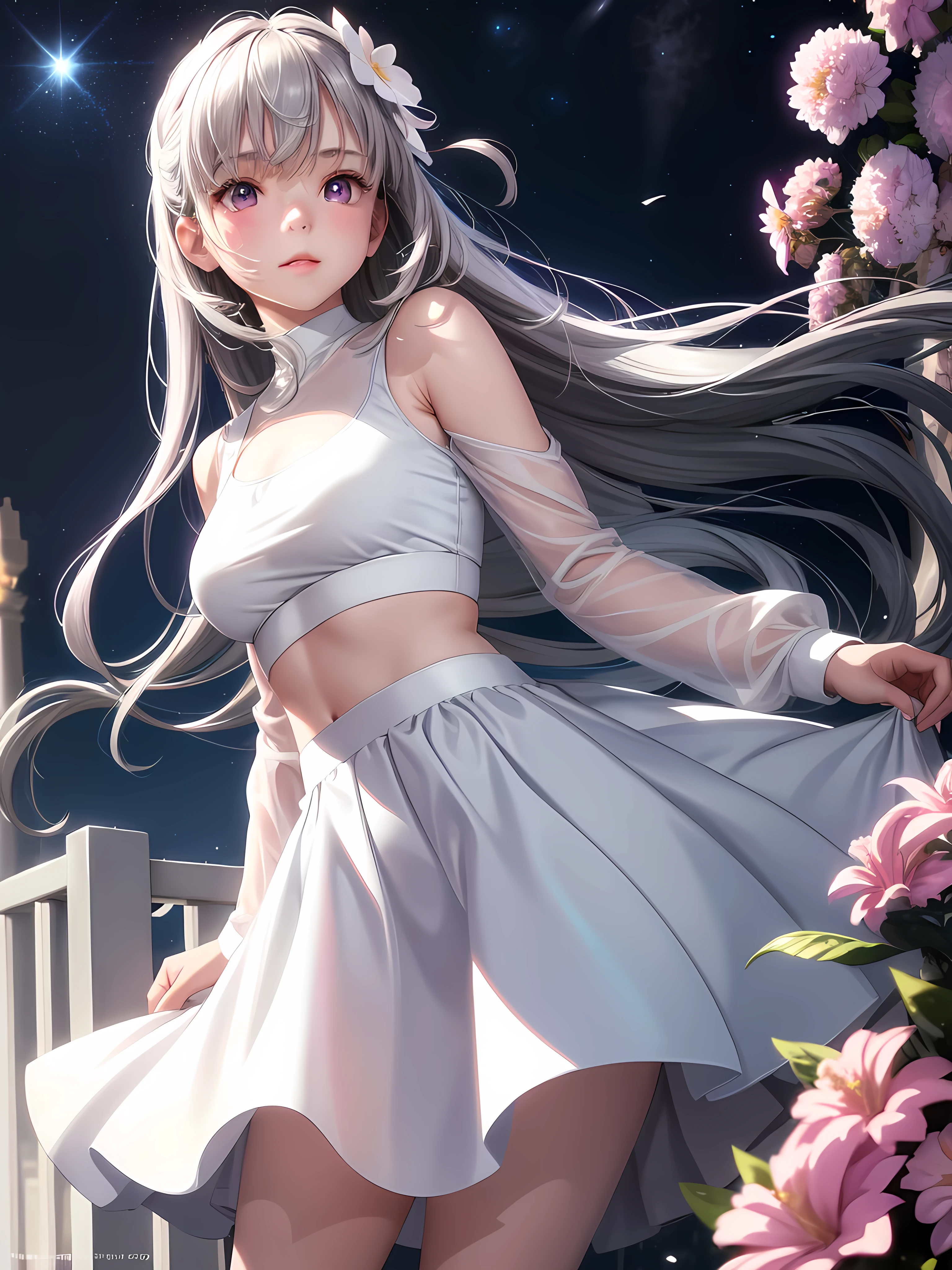Realistic, One girl, Gray Hair, Purple eyes, Glowing Eyes, Crop top, skirt, Part your lips, blush, night, Flowers, sun, sunlight, white skirt, short skirt, Medium length hair, Genuine, Warm colors, White short dress, White clothes, Light background color, Daytime environment, Light color background, Saudi, Ocean, cute,