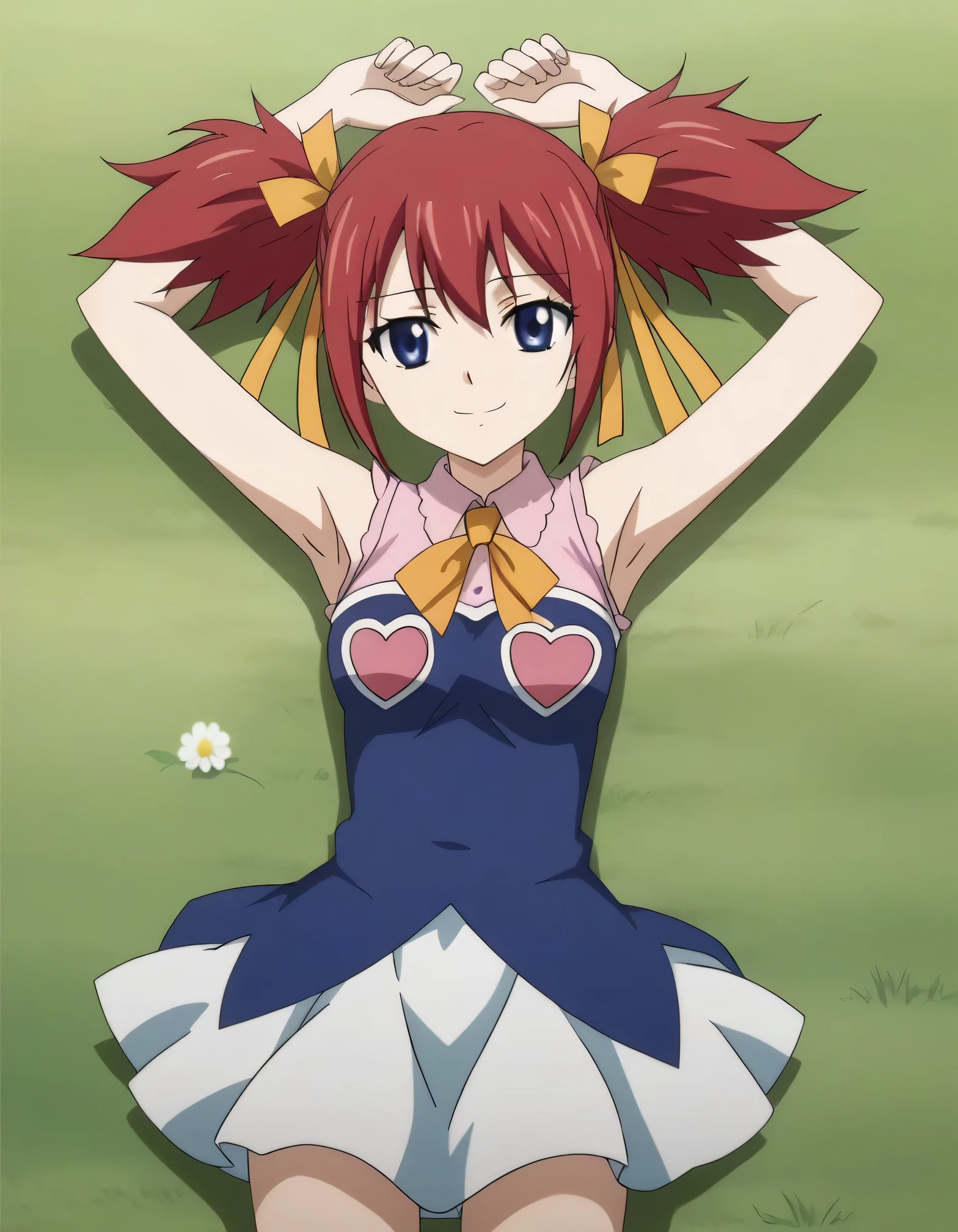 chelia_blendy, source_anime, rating_safe, intricate details, anime screencap, anime coloring, 1girl, solo, red hair, blue eyes, ribbon, hair ribbon, twintails, short twintails, looking at viewer, high quality, solo, lying, on back, arms up, spread arms, closed mouth, on grass, center, (cowboy shot:1.5), looking at viewer, suggestive smile, best quality