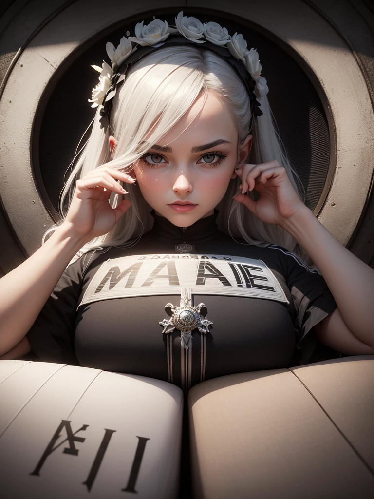 A captivating 3D conceptual rendition of the "Madre" brand logo. Set against a vintage cinema clapboard backdrop, the circular design features the brand name "Madre" in bold, cursive script, with letters in striking white and gray. Beneath the name, the slogan "Los hijos del dolor" is inscribed in a smaller, gray font. The overall design exudes a vintage elegance, with the black and white color scheme reminiscent of classic films. The 3D rendering adds depth and dimension, drawing the viewer into the world of the "Madre" brand., dark fantasy