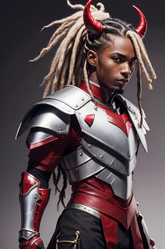 a dark-skinned man with dreadlocked hair in a platinum ponytail and wearing red armor and just one horn and one tail.