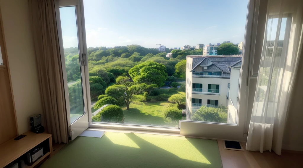 Daytime、room、Window、machine、Slumber、twilight、White light、Green tree々、view of the building、A gentle breeze from outside