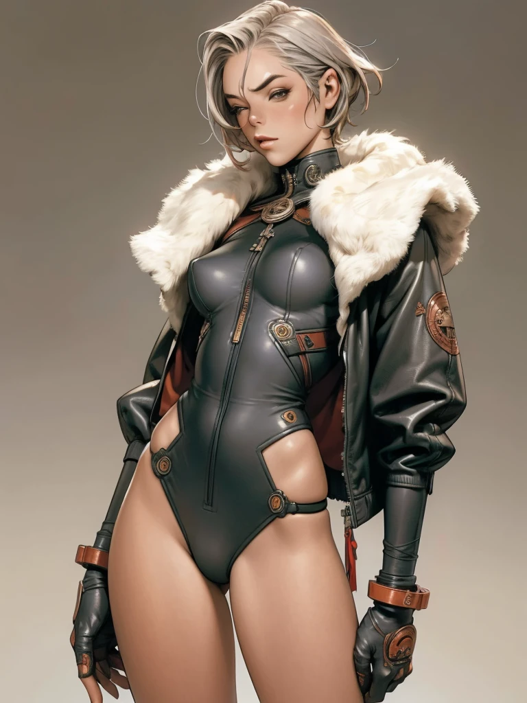 (((Annie Lennox))), (((rusty color suit))), (scars), (((bandaged arms))), ((fur hood)), (((best qualityer: 1.4))), (Unbeatable masterpiece), (hiper HD),(CG 8k hyper-realistic), (((brave face))), (((breasts big))), (((hyper feminine))), sexly girl, black tattoo,（ultra short black hair with red highlights)), ((( sculptural body ))), (((1 Kizi))), Kizi tatuada de 25 anos com perfectbody,,Beautiful and well-groomed face,muscular body:1.2,solid color detailed jacket, (Head to thigh photos)， Complex equipment, green dark，long pants，Tight clothes are dark，With white stars and off-white stripes,,,,,Armor Metal Electronic Parts, Poison tattoos ) INFO, Kizi, (((standing alone))), pirralha violent, ((())), sexly, pose de atitude, work of art, post-apocalypse, (((manga style))), bounty hunter, violent, Manic, the way you want, slenderbody, thin but strong, perfectbody, roupa moderna, advanced technology, Pleated mini skirt with checkered pattern in red and black, fur collar jacket, sleeves with vertical striped pattern, neutral background, (( cowboy shot )). intricate visual