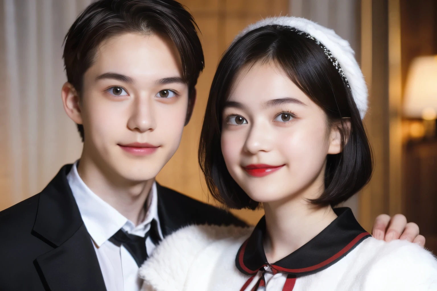 248 (An 18-year-old female and an 18-year-old male), (short hair),kind, lipstick, Finnish national costume, smile
