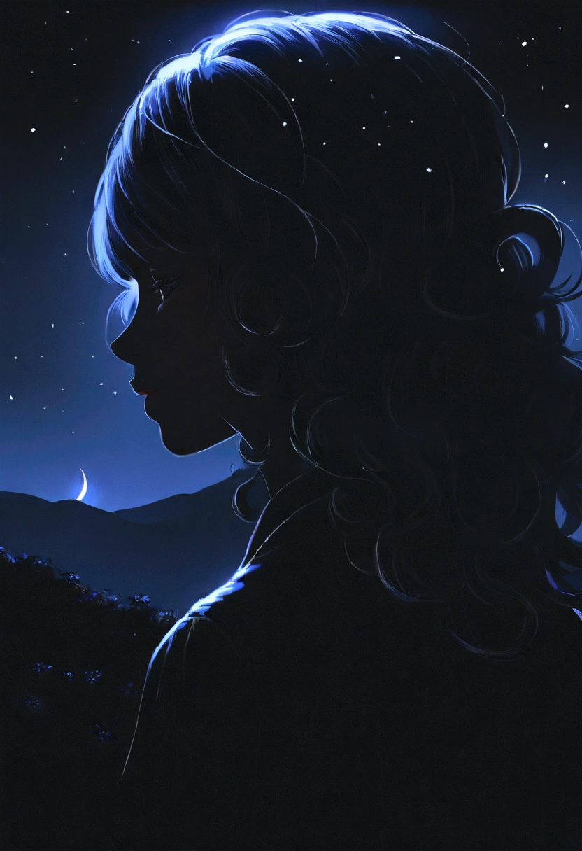 a black woman with long curly hair, just part of the silhouette, walking on the road with realistic mountains look, Chuva fina, night with stars and crescent moon in the upper left corner, flowers in the corners, high resolution, cinematic lighting, high-quality portrait, (Chuva fina) (back woman) (Walking forward) (Raindrops)