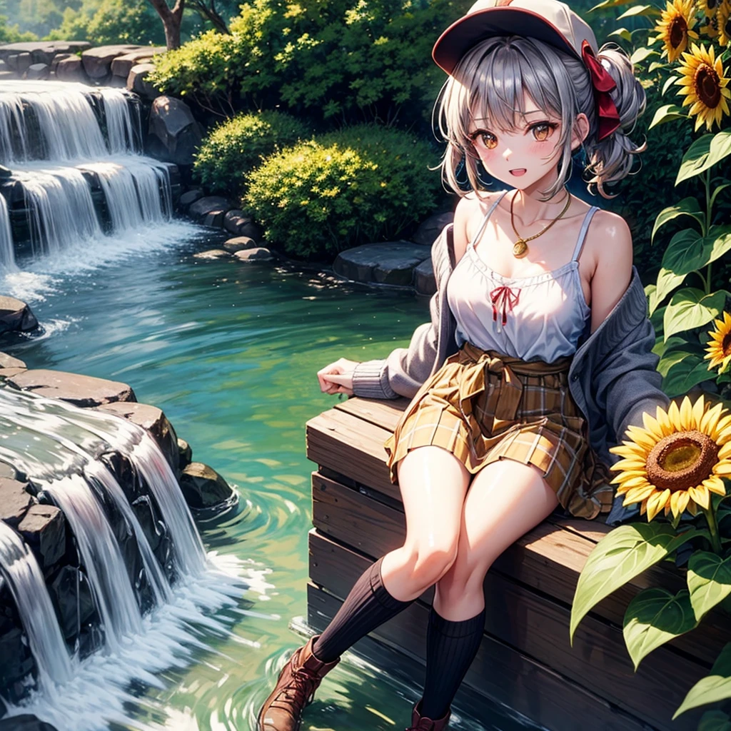 Red, brown, gold, gold hair、Golden Eyes、Hair tied up、One good looking girl、solo、anime、Checkered mini skirt、Ruffles on the skirt、camisole、Lightweight cardigan、Black knee-high socks、Wearing a baseball cap、Ribbon、Ribbon on waist、Teeth are visible、Silver coin necklace、From above、Sunflower Tunnel、Cobblestones、waterfall、Clear Stream、Have sunflowers、Midnight Moon、Winding Road、Unlocking、suspension bridge、Soap bubble