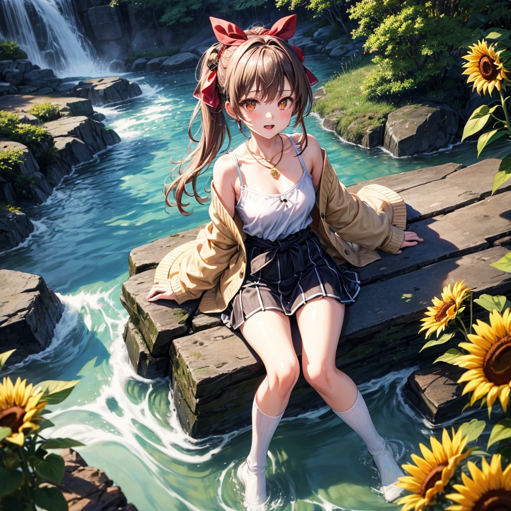 Red, brown, gold, gold hair、Golden Eyes、Hair tied up、One good looking girl、solo、anime、Checkered mini skirt、Ruffles on the skirt、camisole、Lightweight cardigan、Black knee-high socks、Wearing a baseball cap、Ribbon、Ribbon on waist、Teeth are visible、Silver coin necklace、From above、Sunflower Tunnel、Cobblestones、waterfall、Clear Stream、Have sunflowers、Midnight Moon、Winding Road、Unlocking、suspension bridge、Soap bubble