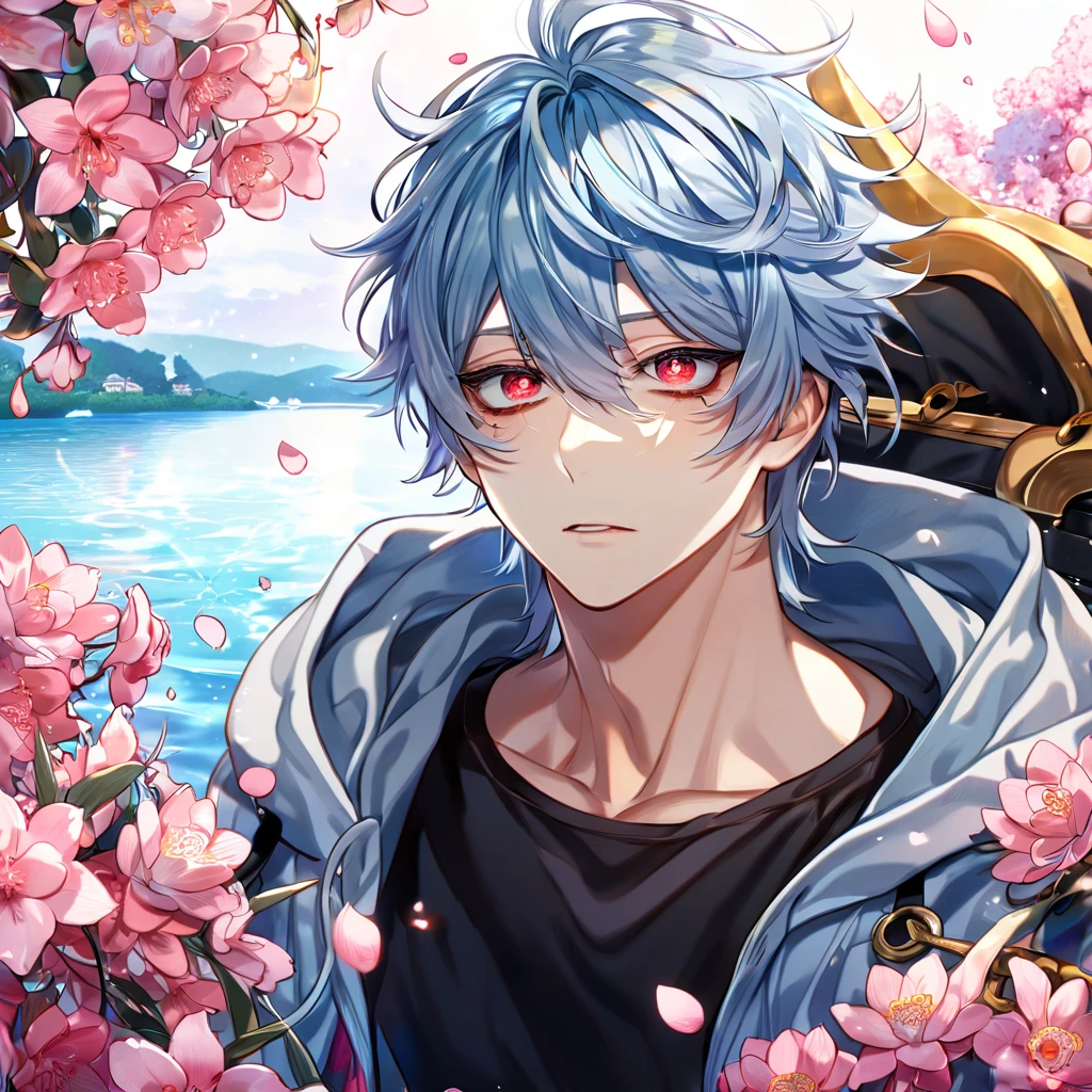 absurdres, highres, ultra detailed, HDR, master piece, best quality, Kuro, light-blue hair, messy hair, expressive red eyes, black bags under the eyes, Servamp, solo, sexy man, handsome, light blue hooded jacket with fur, black T-shirt, water, fantasy, shining, pink flowers, pink blossoms, pink petals, magical
