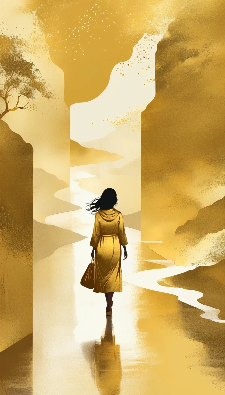 a Minimalist journey，gold，1girl，illustration