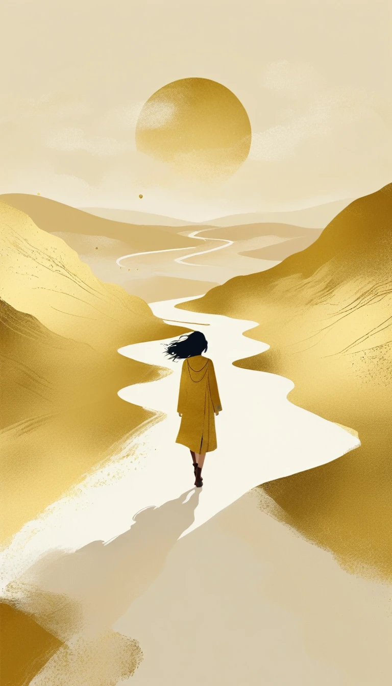 a Minimalist journey，gold，1girl，illustration