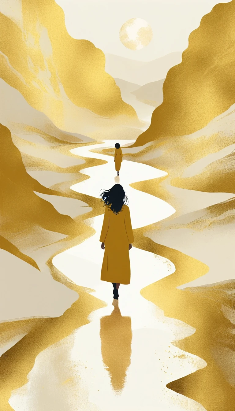 a Minimalist journey,gold,1girl,illustration