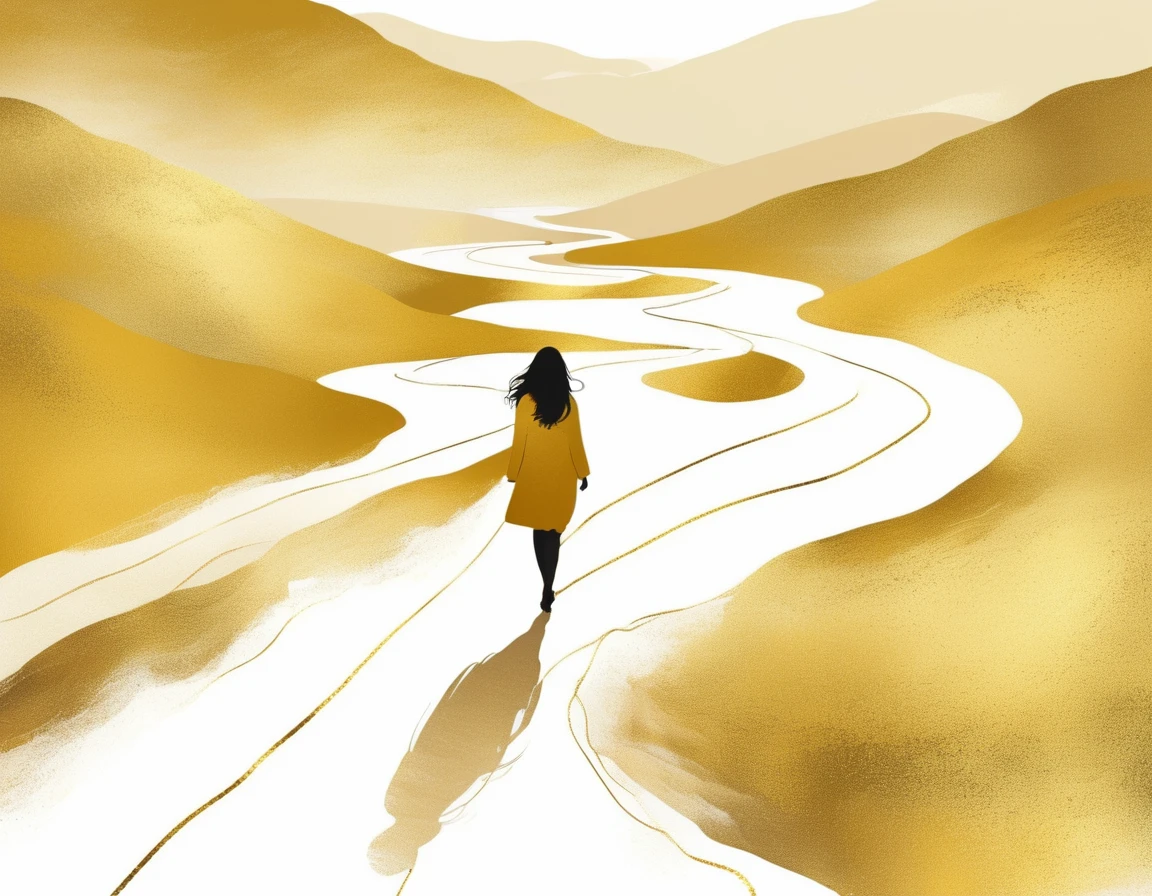 a Minimalist journey，gold，1girl，illustration