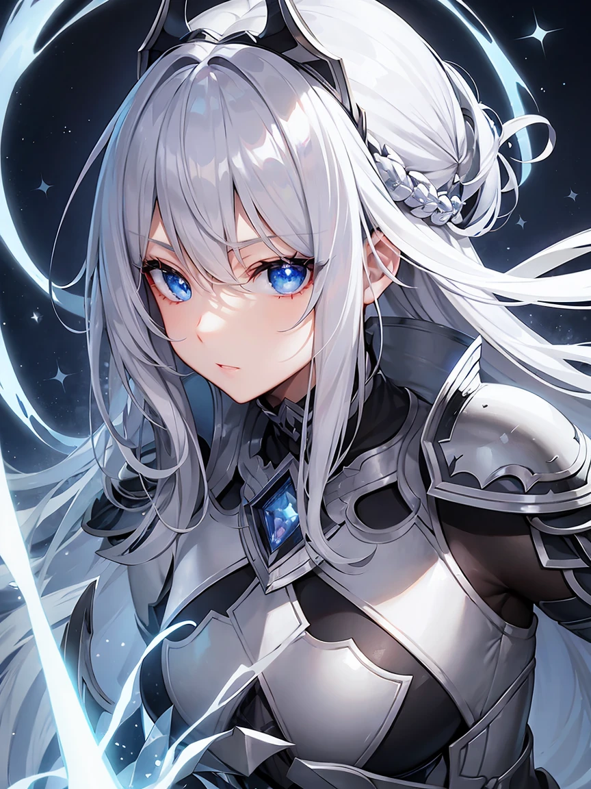 Gray hair straight long、Beautiful sparkling dark blue eyes、Detailed eyes、high quality、masterpiece、One Woman、solo、White Knight、Silver Armor、Rin々Shii、Focus on the Opponent、Anime style face