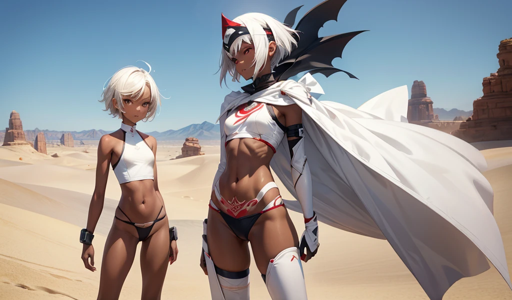 White short-haired, dark-skinned, flat-chested girl,White forehead protector,veil,Red and white sports top,thin waist,Bare waist,Tattoo,Black thong,,Bare arms,thigh,Scimitar,Standing,desert