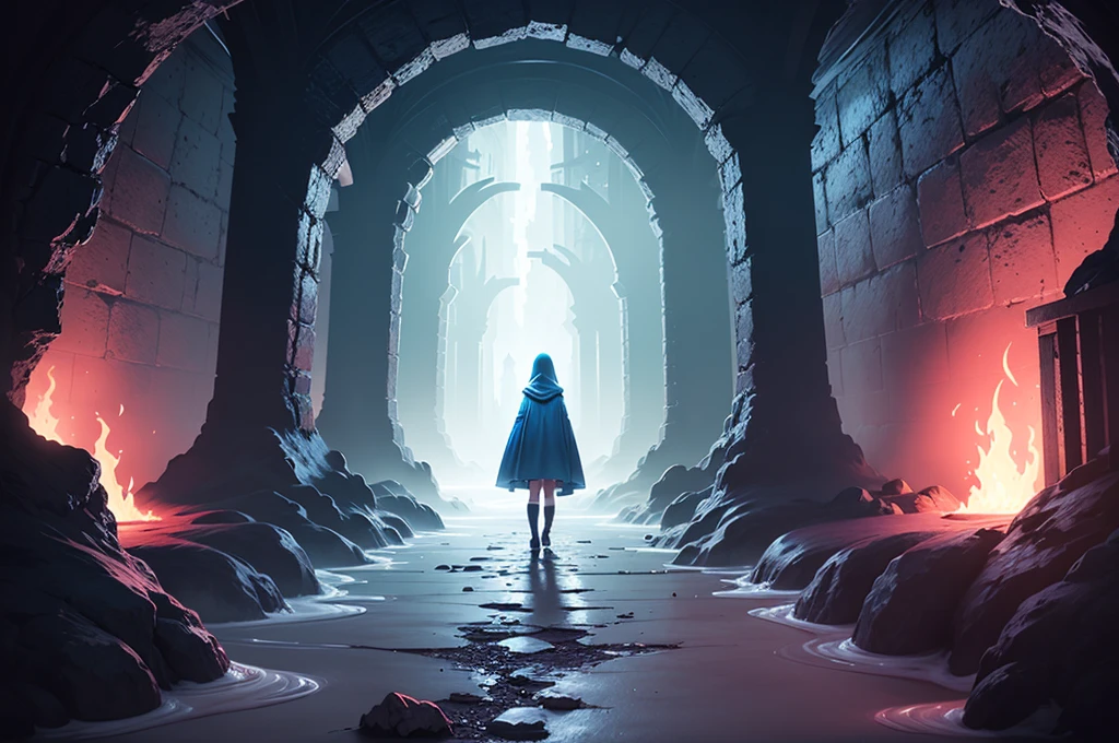 small cloaked girl enters dungeon, from behind, back shot, dark stone passage, fantasy dungeon, dim pink and blue lighting, white slime, mist, low contrast, dark