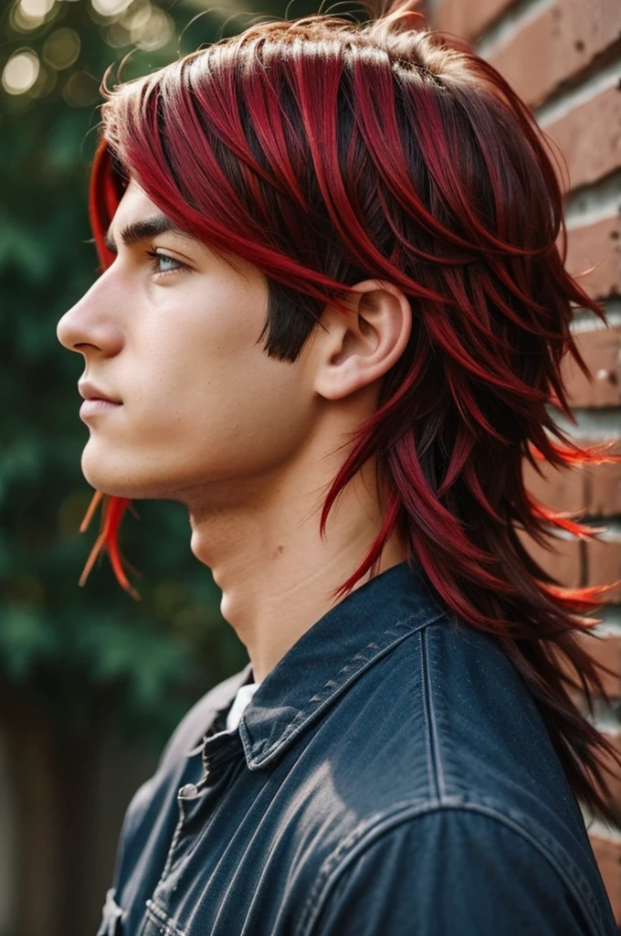 I want a profile picture of a cute boy with two red strands in the front of his hair