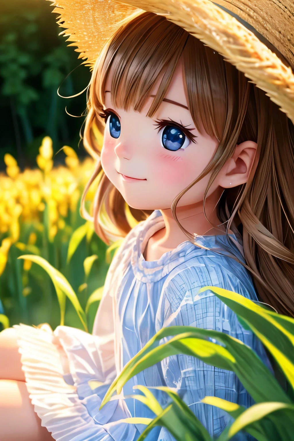 Cute Chibi Girl、smile、In the corn field、Very detailed、Ultra-realistic、Photorealistic、8K、Hyperrealistic、masterpiece、Beautiful detailed eyes、Beautiful detailed lips、Very detailedな顔、Long eyelashes、Beautiful young girl、Calm expression、sitting in a cornfield、Golden light、Warm colors、Beautiful lighting、Cinematic、Intricate details、Bright colors、natural environment、Lush vegetation、Soft Focus、Depth of written boundary