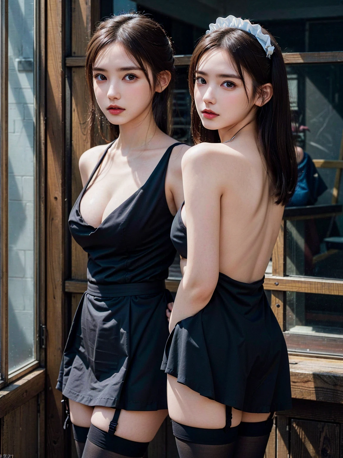 (41k4:1), masterpiece, Best Quality, 8K, Raw photo, (wearing maid uniform:1.5), top-notch quality, masterpiece, (arms behind back:1.5), (2 pretty Japanese girls), (wearing black stockings:1.2), exceptionally detailed RAW color photo, professional-grade photograph, (Realistic, Photorealistic:1.37), (highly detailed skin:1.2), Ultra-high resolution, (lens 50mm), (masterpiece, top-quality:1.3), (hyper realistic:1.35), (Photorealistic:1.45), (Realistic:1.4), (looking at viewer:1.4), (1 beautiful girl), 21 years old, Japanese idol, supermodel, pale skin, (slim:1.3), (slim body:1.25), (slender body:1.25), (narrow waist:1.25), pretty face, (large breasts:1.15), (deep cleavage:1.2), gravure idol