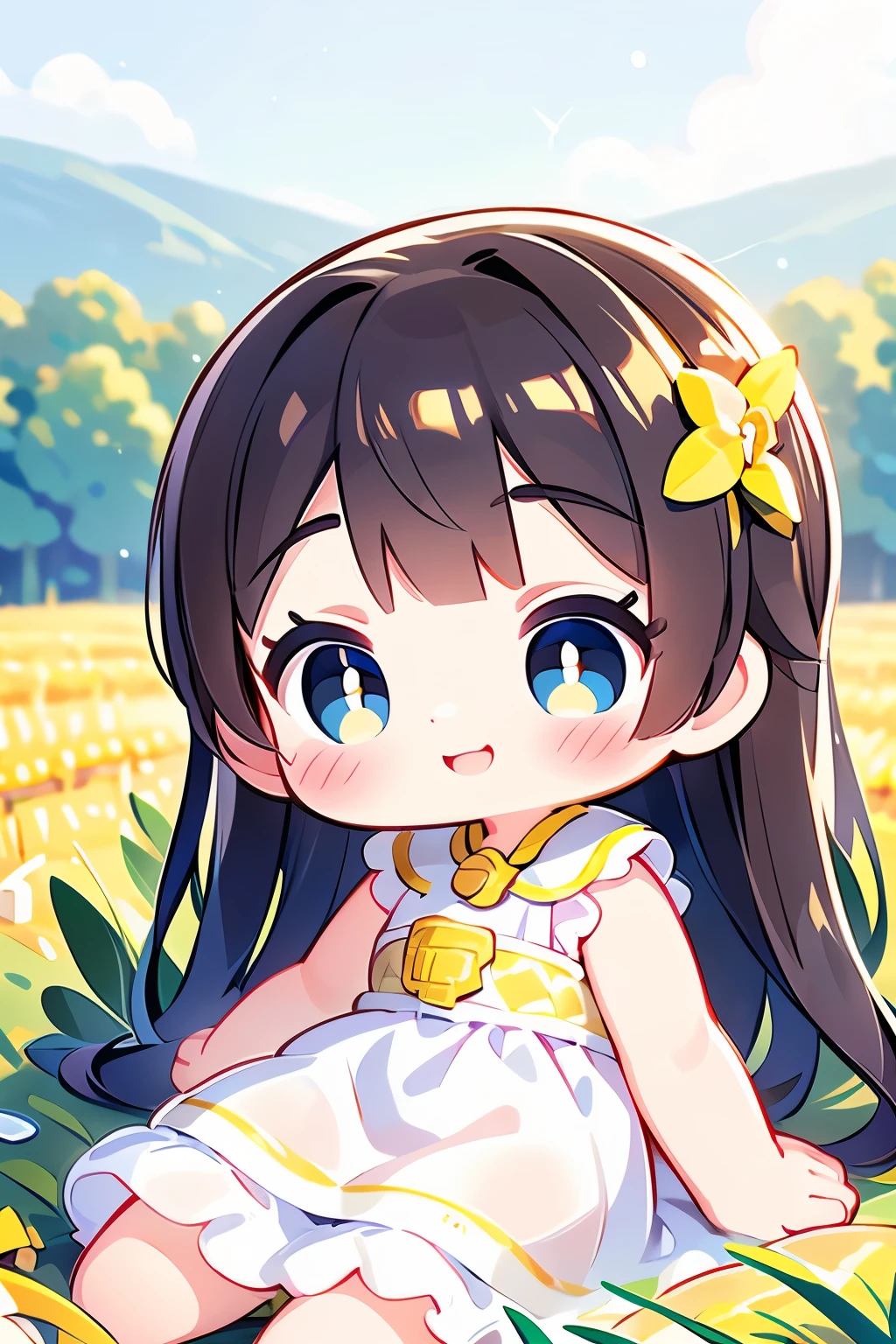 Cute Chibi Girl、smile、In the corn field、Very detailed、Ultra-realistic、Photorealistic、8K、Hyperrealistic、masterpiece、Beautiful detailed eyes、Beautiful detailed lips、Very detailedな顔、Long eyelashes、Beautiful young girl、Calm expression、sitting in a cornfield、Golden light、Warm colors、Beautiful lighting、Cinematic、Intricate details、Bright colors、natural environment、Lush vegetation、Soft Focus、Depth of written boundary