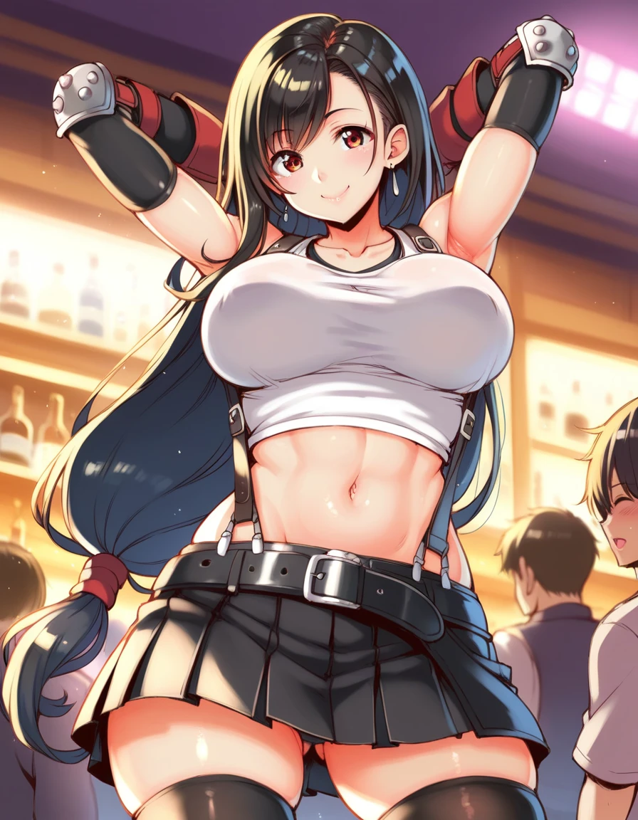 score_9, score_8_up, score_7_up,score_6, score_5,4k,rating_safe BREAK , (from below.from front,(breast focus),standing,straight-on,(arms up,arms behind head.),,(upperbody),looking_at_viewer ,1girl, tifa lockhart, final fantasy, tareme,black hair, low-tied long hair, red eyes, bangs, (white tank top, belt, pleated skirt, thighhighs, elbow fingerless gloves, elbow pads, midriff, navel,suspender skirt) ,large_breasts,(light smile),pantiesshot,,Solo,,(daytime and bar and city),detailed skin,(best quality),(aesthetic,very aesthetic),UHD,HDR,intricate detailed,anime,highly detailed,sharp focus,depth of field,,professional lighting,cinematic lighting, dancing breast, 　　