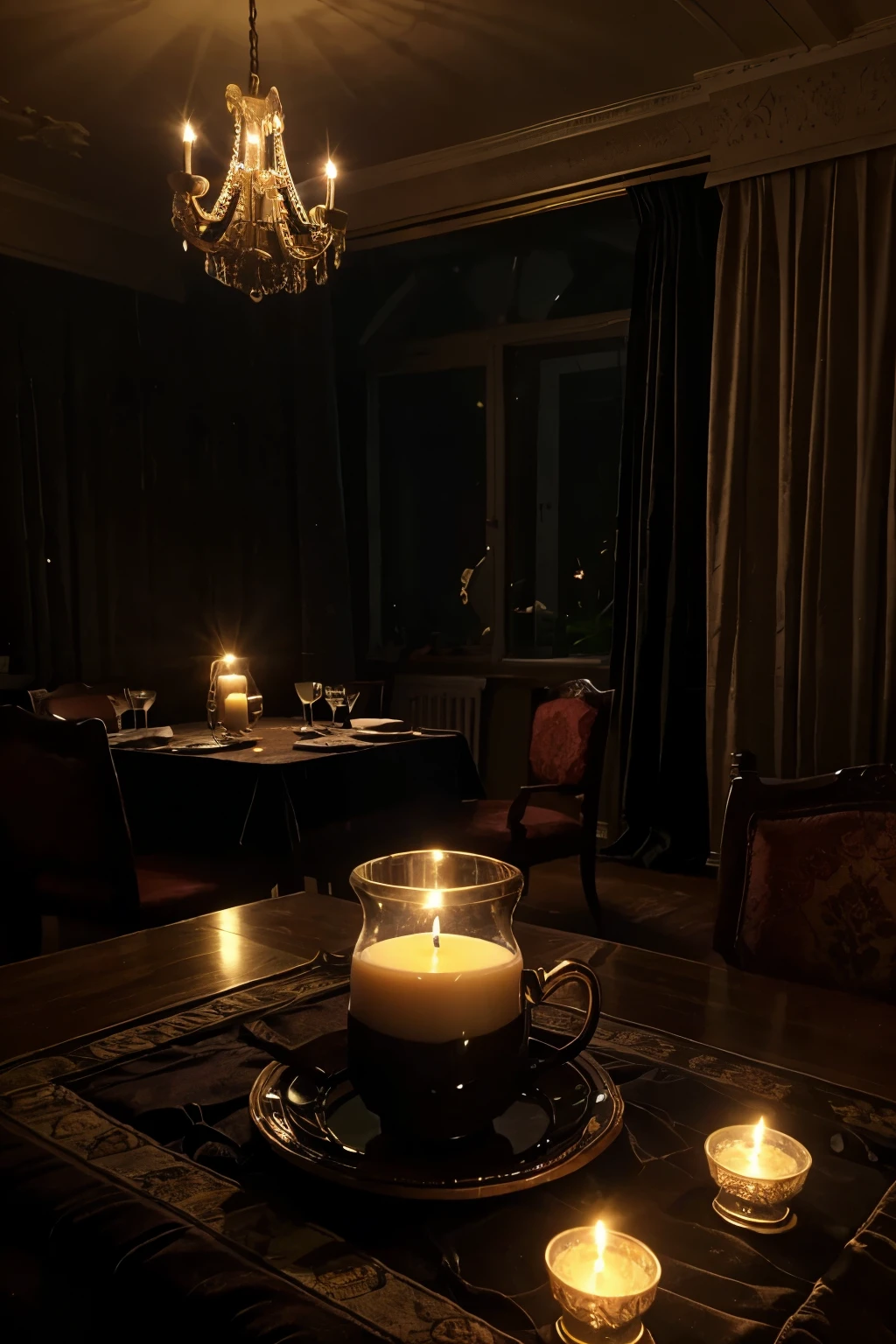 In the middle of the night, rain and lightning, a large window,in the Victorian room, a room full of candles on the table, the tables were set, brown tea balloon、lots of flowers、tea cup on the table、velvet curtain、black sticky rice