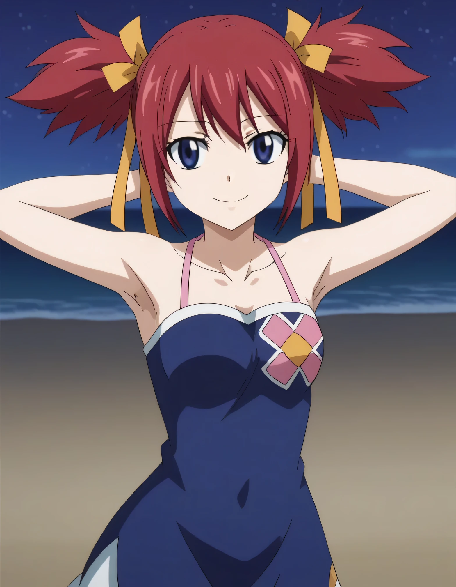 chelia_blendy, source_anime, rating_safe, intricate details, anime screencap, anime coloring, 1girl, solo,  red hair, blue eyes, ribbon, hair ribbon, twintails, short twintails, looking at viewer, solo, contrapposto, spread armpit, arms behind head, smile, looking at viewer, (cowboy shot:1.5), closed mouth, night sky, beach, high quality,