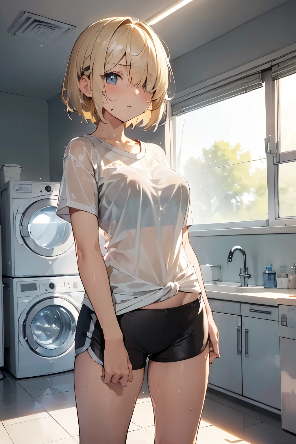 morning,(lighting front:1.9) .①:Highest quality, Anime Moe Art Style,最高のアニメ8Kこなちゃんの壁紙,pixiv Contest Winner,Perfect Anatomy, Very detailed,High resolution,Very detailed肌, Professional Lighting,8K ,
②:(One Girl:1.5), Young,(alone,:1.8),high school student, (short hair:1.3), (straight hair:1.6),(normal breasts),(hair over one eye:1.8),(light blonde hair:1.8),Complete limbs,Full Finger, blue eyes, hairpin, beautiful detailed eyes, pale skin,one eye closed,sparkling pupils,(sad:1.3)
③:(from side),(close up:1.7),(arms up)
④:(pink bra),(black sports shorts:1.5),Front string ⑥:(wet clothes:1.5),(wet white shirt:1.4), (wet hair),(see-through wet shirt).
⑦:((laundry basket)).laundry basket, a washstand, towels, potted plants, soap bubbles),(Washroom).((A large room with a window where many laundry items are hung to dry:1.3)).