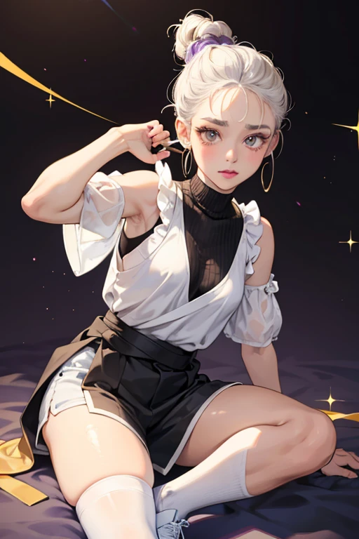 Fresh has light brown skin and dark brown eyes. Her white hair is pulled up into several bantu knots on top of her head. She wears violet lipstick and faint blush. Her outfit is composed of a black elbow-length top with a white vest, white ripped shorts, a black sweater tied around the waist, and black knee-socks paired with white high tops.  SPARKLE; GLITTER