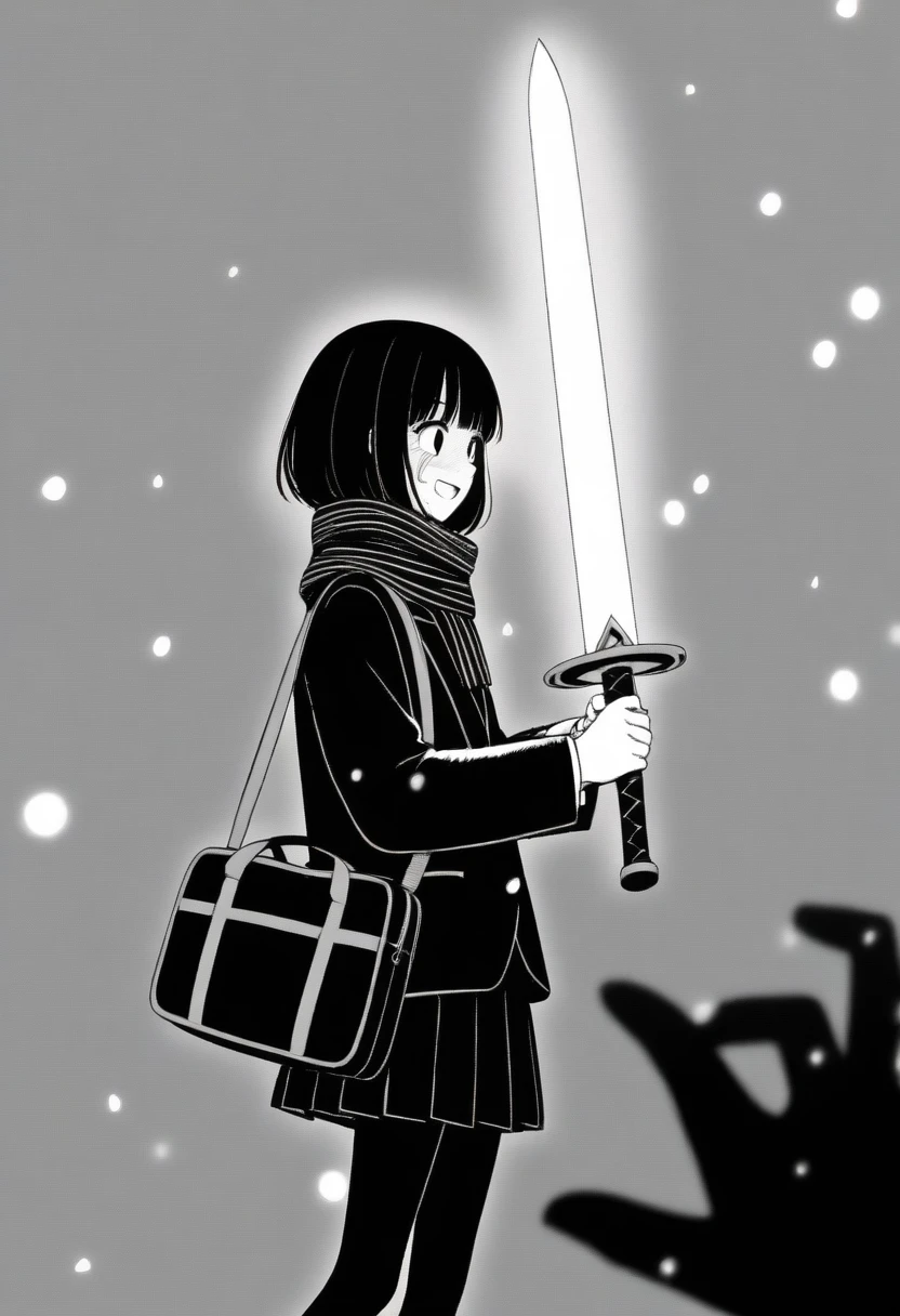 masterpiece, best quality, 1girl, mamerakkkkko, grayscale, manga style, japanese, chi no wadachi, black eyes, street, iced, black hair, schoolbag, smile, lineart, black coat, black scarf, black pleated skirt, leggings, centered, 18 years old, tall, fair skinned, bokeh background, crying, tears, tears streaming, bob cut, light particles, snowing, (((holding sword:1.1, perfect hand, detailed hand:1.1)), emotional anime scene
