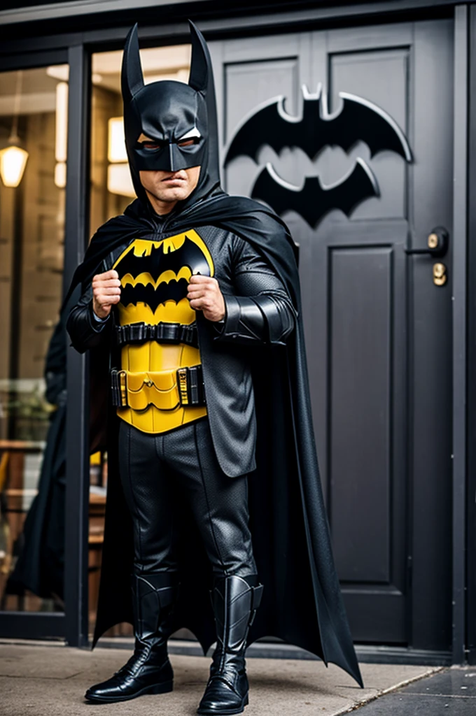 I want an art of Donald trump black and gold with a red and gold background The image must focus on Donald trump full body batman costume with walls or buildings in the background..