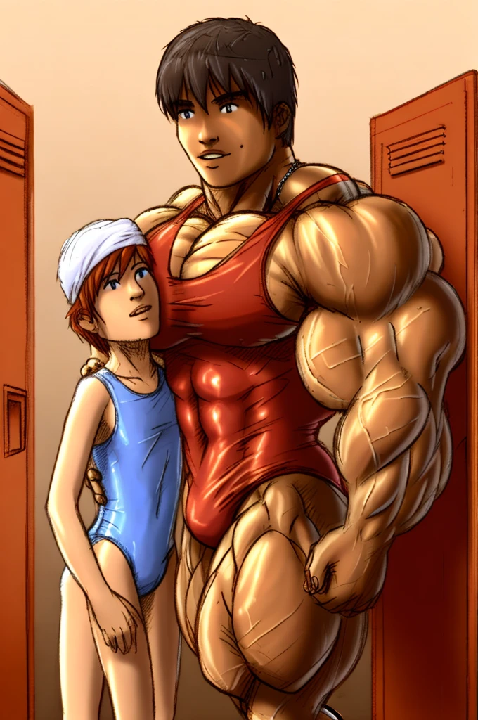 2 children,locker room,muscle size difference,male swimsuit,soft shading, mbbbbb