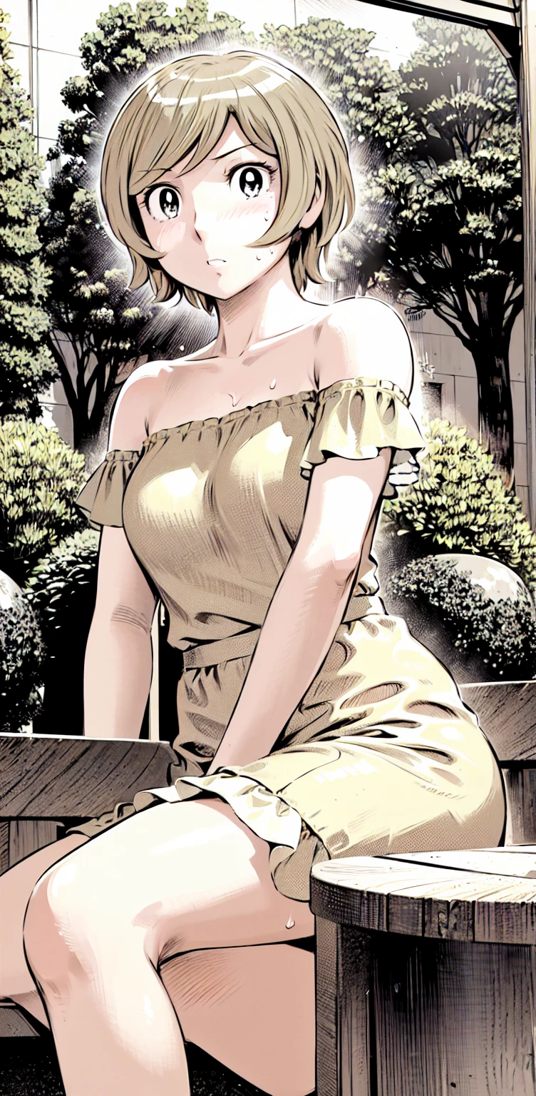 、(masterpiece、Highest quality)、Highest quality, Ultra-high resolution, (((masterpiece))), alone, Sweat、Big eyes,Show Viewer, 
blonde,(short hair:1.2), (Highest quality:1.3),One Girl,Private Server、Floral dress、nature、Off the shoulder、Embarrassed face