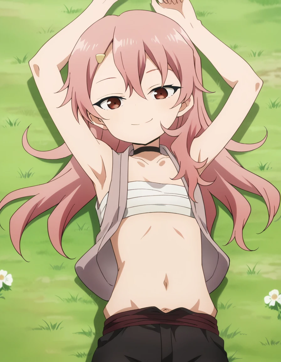 benisumomo, anime coloring ,BREAK source_anime, anime, long hair, hair ornament, red eyes, navel, pink hair, choker, hairclip, flat chest, black choker, sarashi, chest sarashi, black shorts, high quality, solo, lying, on back, arms up, spread arms, closed mouth, on grass, center, (cowboy shot:1.5), looking at viewer, suggestive smile, best quality
