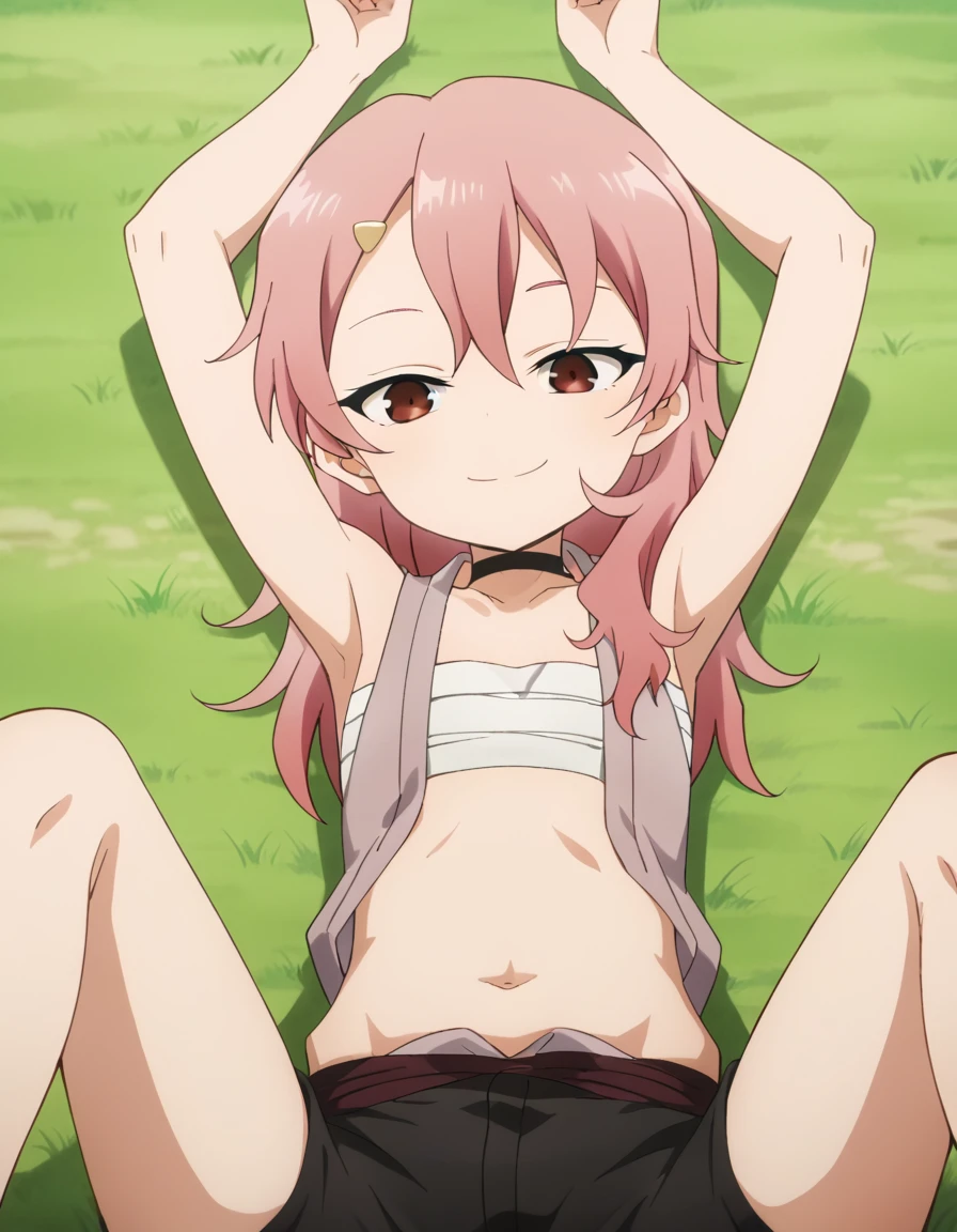 benisumomo, anime coloring ,BREAK source_anime, anime, long hair, hair ornament, red eyes, navel, pink hair, choker, hairclip, flat chest, black choker, sarashi, chest sarashi, black shorts, high quality, solo, lying, on back, arms up, spread arms, closed mouth, on grass, center, (cowboy shot:1.5), looking at viewer, suggestive smile, best quality