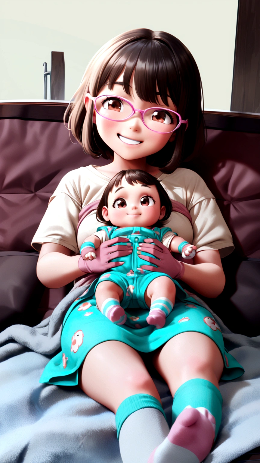 A young girl sitting on a sofa holding a baby in her lap pixar style, baby with dark brown eyes and little hair smiling, with sock and glove