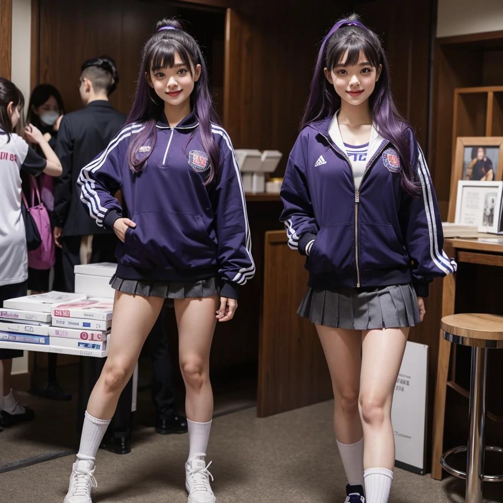 Best Quality，，smile，Ribbon on uniform，mini skirt，high school girl，Several girls are depicted，Harem，Track jacket，photo shoot，Long Hair，Highest quality，Big Breasts，Happy girl,Horny girl，blue eyes，Perfect Face，Standing posture，I have my hands in my pockets，Gravure idol,model,She has her bangs down,Smooth hair，Purple Hair，Hyper Realistic Stick,Naughty Girls，Beautiful girls，beautiful girl，loose socks