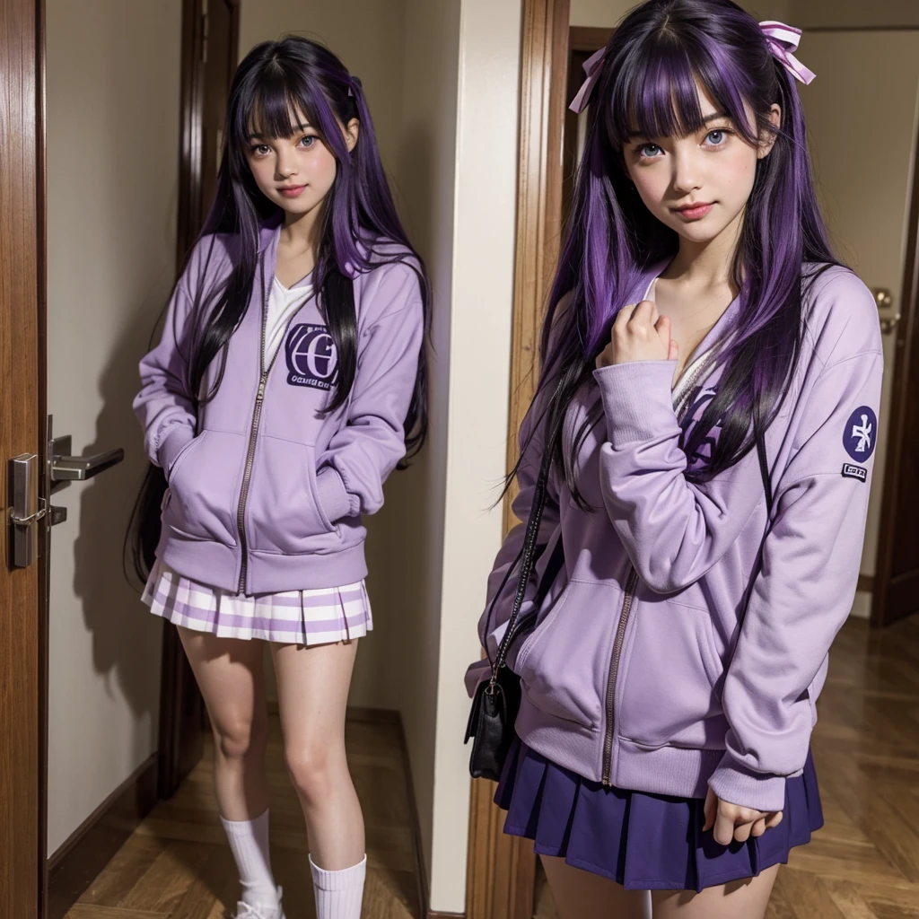 Best Quality，，smile，Ribbon on uniform，mini skirt，high school girl，Several girls are depicted，Harem，Track jacket，photo shoot，Long Hair，Highest quality，Big Breasts，Happy girl,Horny girl，blue eyes，Perfect Face，Standing posture，I have my hands in my pockets，Gravure idol,model,She has her bangs down,Smooth hair，Purple Hair，Hyper Realistic Stick,Naughty Girls，Beautiful girls，beautiful girl，loose socks